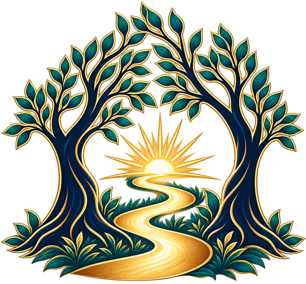 Golden Pathways logo, two trees arching over a golden path to a sunrise